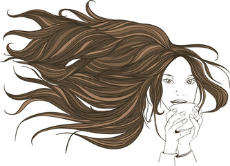 Beautiful girl with long hair flowing on the air, holding cup of drink. Vector illustration.  - 481906273