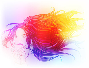 Beautiful girl with long hair flowing on the air, holding cup of drink. Vector illustration. Rainbow colors - 481906283