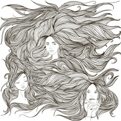 Composition of three young women faces and abstract flowing lines  representing long hair. Monochrom vector illustration.  - 481906292