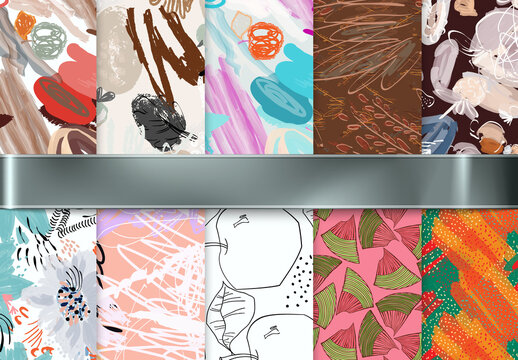 Seamless Pattern Collection with Hand Drawn Rough Abstract Strokes and Floral Elements