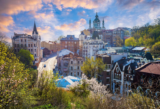 Scenic view to Andriivsky descent in the center of Ukrainian capital, Kyiv, Ukraine