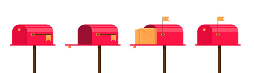 Red mailbox set. Closed and open, raised flag and letter inside. Empty post box and with envelope. Letterboxes illustration. Vector eps postboxes