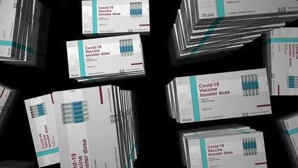 Covid-19 vaccine booster dose pack production line. Coronavirus sars-cov-2 vaccination shots packing. A box for syringes with doses. Abstract concept 3d rendering loopable seamless animation.
