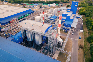 Industrial zone with factory or Plant processing of sunflower oil. Aerial view