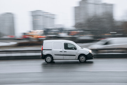 Ukraine, Kyiv - 15 January 2022: Silver Renault Kangoo car moving on the street. Editorial