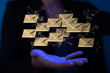 Approved email and spam message displayed on a futuristic interface