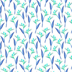 Obraz premium Watercolor strelitzia seamless pattern. Blue and green strelitzia isolated on white background. Design for textile, wallpapers, greeting cards, invitation cards.