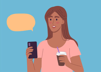 The cute girl communicates online with a mobile application and drinks morning coffee