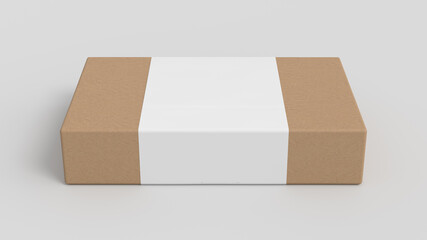 Flat box mock up with blank paper cover label: cardboard gift box on white background.