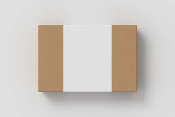 Foto op Canvas Flat box mock up with blank paper cover label: cardboard gift box on white background. © dimamoroz