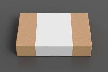 Flat box mock up with blank paper cover label: cardboard gift box on gray background.