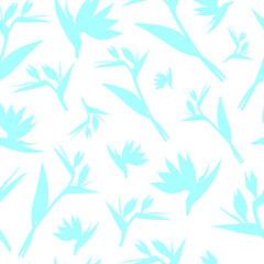 Vector seamless strelitzia flower pattern. Pale blue tropical flowers isolated on white background. Strelitzia, bird of paradise, crane lily. Design for fashion textile, wallpapers.