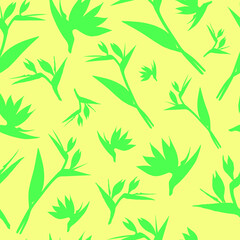 Vector seamless pattern. Seamless strelitzia flower pattern. Green tropical flowers isolated on yellow background. Strelitzia, bird of paradise, crane lily. Design for fashion textile, wallpapers.