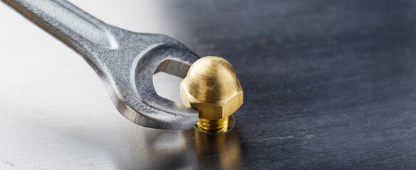 Wrench tightens brass cap nut in steel billet. Spanner, bolt, screw and nuts.