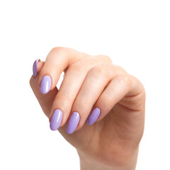 Female hand with purple lavender gel polish on long nails on a white isolated background. Manicure