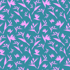 Fototapeta na wymiar Vector seamless pattern. Seamless strelitzia flower pattern. Pink tropical flowers isolated on virid background. Strelitzia, bird of paradise, crane lily. Design for fashion textile, wallpapers.