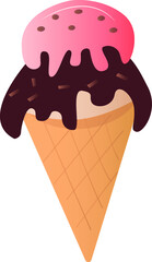 Melting ice cream balls in waffle cone isolated on white background. Vector flat outline icon. Comic character in cartoon style 