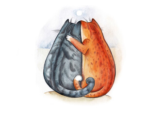 Watercolor illustration of two cats hugging their backs and looking at  moon with stars.