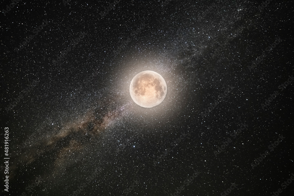 Wall mural bright milky way galaxy and full moon. night starry sky background.