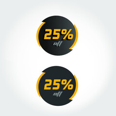 Label 25% off in circle with black and yellow tips, modern style and letters and numbers with and without shadows