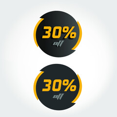 Label 30% off in circle with black and yellow tips, modern style and letters and numbers with and without shadows