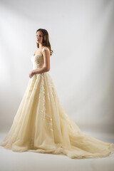 Fototapeta premium Beauty portrait of bride wearing fashion wedding dress with feathers with luxury delight make-up and hairstyle, studio indoor photo. 