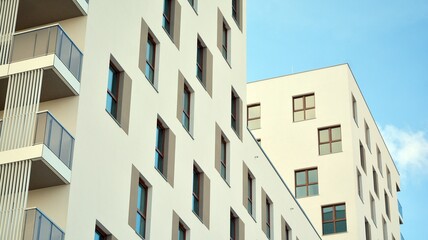 Modern luxury residential flat. Modern apartment building on a sunny day. White apartment building...
