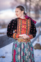 Young beautiful slovak woman in traditional dress. Slovak folklore