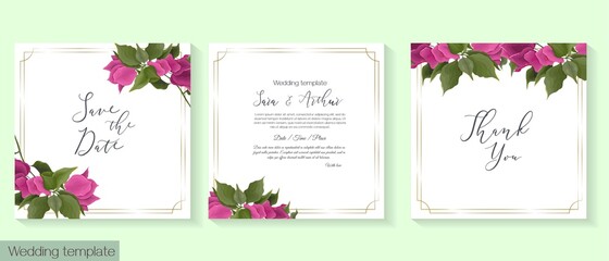 Fototapeta na wymiar Tropical vector template for wedding invitation. Pink bougainvillea, golden frame.