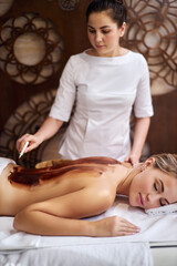Fototapeta na wymiar Spa therapy for young calm caucasian woman receiving cosmetic mask on back spine at beauty salon, naked masseur applying mask with brush. beauty, wellness, healthy skin concept