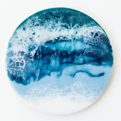 Resin art with bright blue colors on white background. Epoxy effect. Flat lay