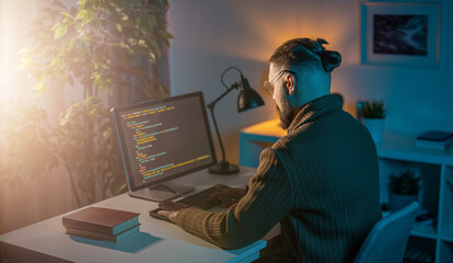 Professional IT specialist sitting at home during evening time and writing data code on modern pc....