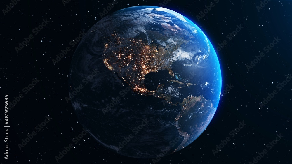 Poster planet earth with realistic geography surface and orbital 3d cloud atmosphere . outer space view of 