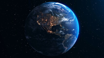 Planet earth with realistic geography surface and orbital 3D cloud atmosphere . Outer space view of world globe sphere of continents . 3D rendering graphic . Elements of this image furnished by NASA . © InfiniteFlow
