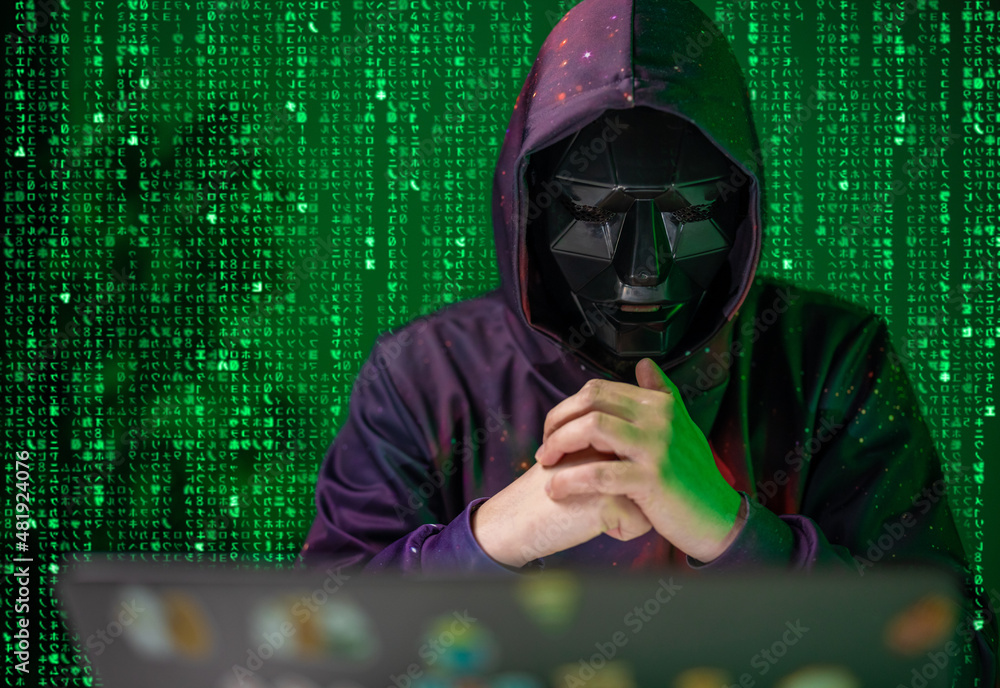 Poster portrait of unrecognisable male person in black males using modern laptop with matrix effect on back