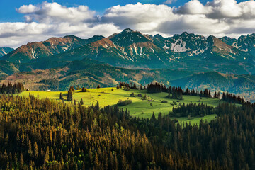 Panorama of Tatra mountains in spring, south Poland. Forest and green grass.