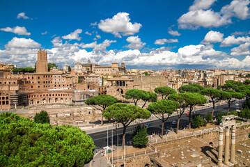 Old town in Rome. Roman Forum ruins. Via dei Fori Imperiali