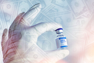 Hand with glove holds a container of covid vaccine, dollar banknotes on the gradient background....