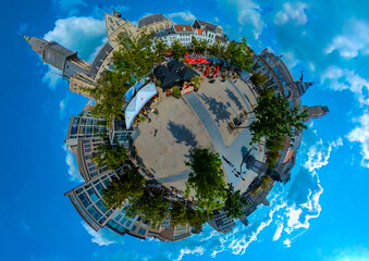 little planet format of downtown of the city antwerp in Belgium. On a sunny morning  day with no camera in view.	