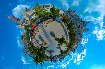 little planet format of downtown of the city antwerp in Belgium. On a sunny morning  day with no...