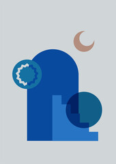 Abstract landscape illustrations. Mountains, sun, moon, sunset, desert, hills minimalist design. Trendy mid century art, boho home decor, wall art.