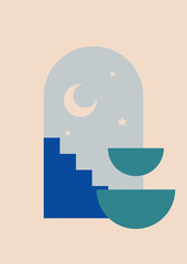 Abstract landscape illustrations. Mountains, sun, moon, sunset, desert, hills minimalist design. Trendy mid century art, boho home decor, wall art.