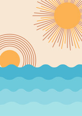 Beach sunset landscape colorful Flat Boho Geometric Neutral Color design Poster
