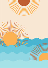 Beach sunset landscape colorful Flat Boho Geometric Neutral Color design Poster