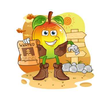 mango cowboy with wanted paper. cartoon mascot vector