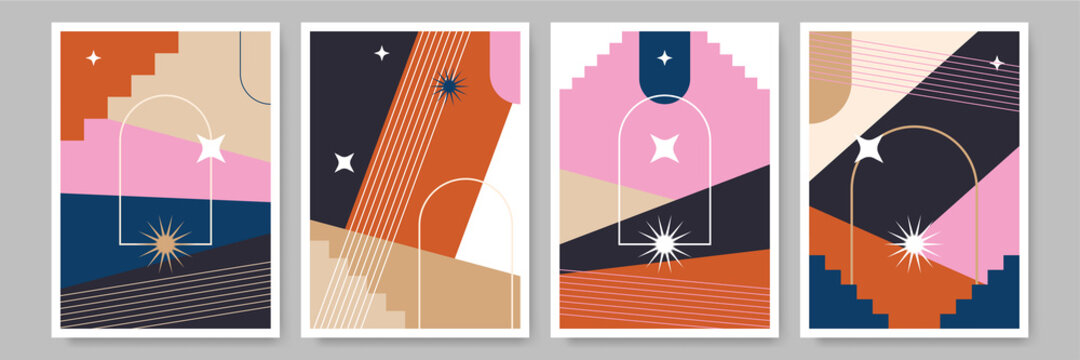 Mid century abstract contemporary aesthetic design set with geometric balance shapes, modern minimalist artprint.