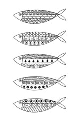 Mexican Aztec and Mayan Ethnic ornate Fishes vector set. Ancient tribal Inka style Ocean and Sea Animal. Marine Life outline hand drawn graphic design elements isolated for label, emblem, coloring