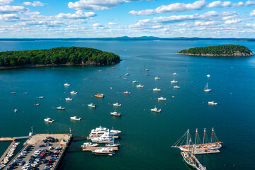 Aerial View of boats anchored offshore in Bar Harbor Maine