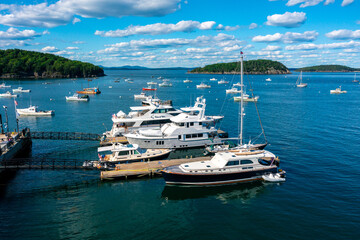 Fototapeta na wymiar Aerial View of sail boats and yachts anchored offshore in Bar Harbor Maine