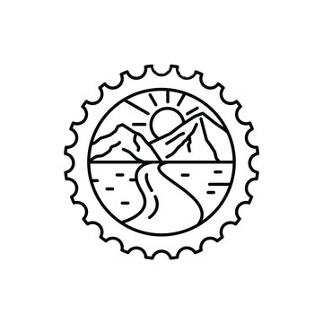 gear with mountains landscape mountain bike sport line art logo design